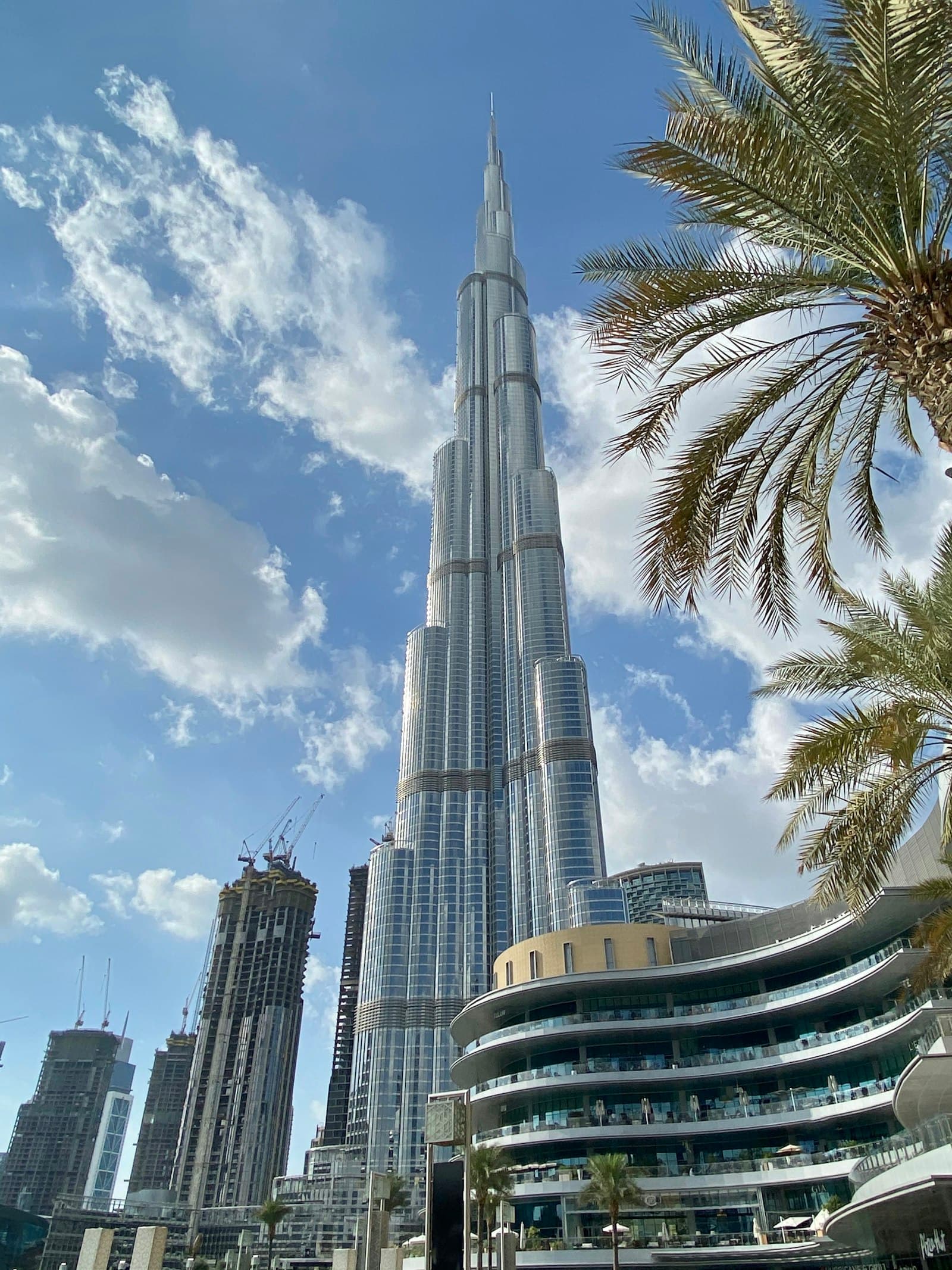 Burj Khalifa towering over Downtown Dubai beside The Address hotel and palm trees